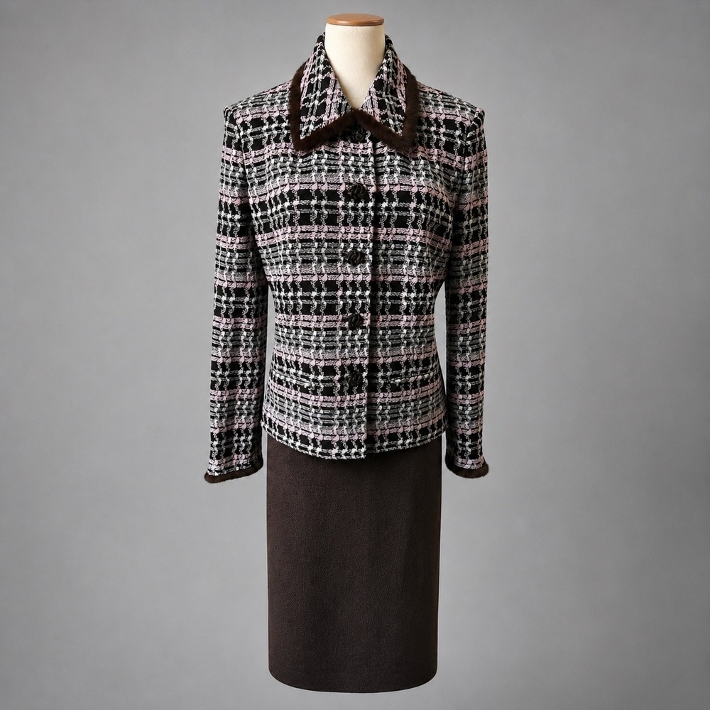 St John Collection Marie Gray Fur Trim Knit Suit 16 Brown Pink Skirt Set